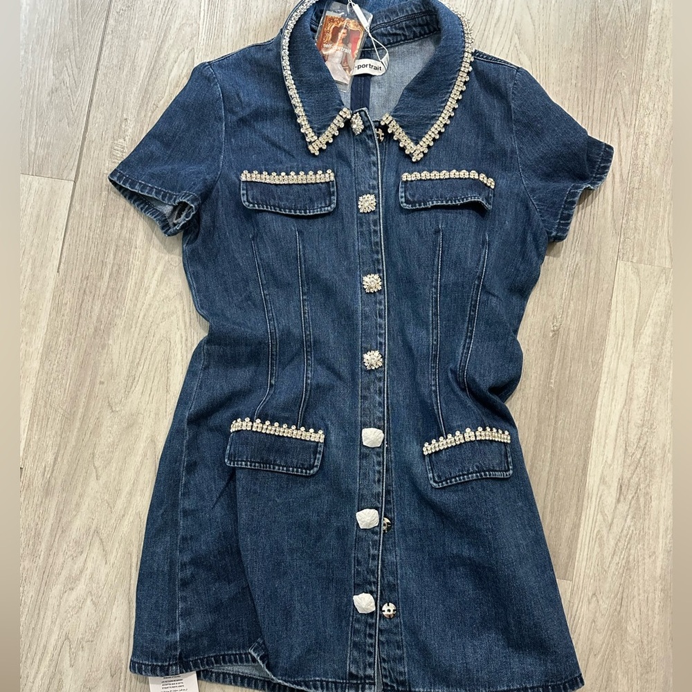 Self-Portrait Dark Blue Denim Short-Sleeve Dress Jacket with Pearl Trim